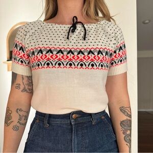 Cream Short-Sleeve Fair Isle Knit Top with Black & Coral Accents